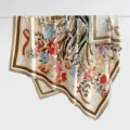 Vintage floral and equestrian belt print large 130cm twill square scarf in beige - Standard / Brown Border (130FJ24-4)