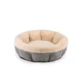 Round plush pet bed for cats and dogs, grey linen exterior with cozy beige fleece lining. - S: 50*50*15 cm / Beige