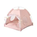 Cozy pink floral pet tent bed for cats and small dogs with white mesh curtains - L / Floral Pink