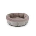 Round pet bed with grey linen exterior and brown plush interior for winter warmth. - Light Coffee