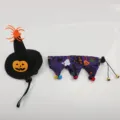 Halloween pet costume set featuring pumpkin wizard hat and patterned bell collar for cats and dogs - Pumpkin Hat And Purple Bib Outfit / One Size