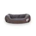 Cozy warm brown pet bed featuring a soft grey plush lining and a white paw print design - Brown