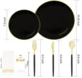 Detaillierte Maße des 175-teiligen Einweggeschirr-Sets in Schwarz und Gold - 175-teiliges Set / Schwarz Goldrand Set