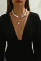 Elegant double-layered baroque faux pearl necklace set with silver-tone chain for women - Baroque Pearl Layered Necklace (Silver 2Pcs A) / Two-Piece Set / Silver