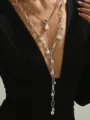 Silver Y-shaped layered necklace with baroque pearls and tassel detail - Pearl Y-Tassel Layered Necklace (Silver 2Pcs B) / Two-Piece Set / Silver