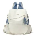Elegant women's cream white and blue dual-use backpack with stylish tassel detail - Blue and White