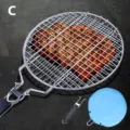 Professional round stainless steel BBQ grill net with detachable handle and blue bag, style C - Style C (Round With Blue Bag) / 55x28x1.8cm