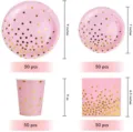 Set tavola per feste a pois rosa e oro con piatti, tazze e tovaglioli, 50 pezzi per tipo. - 50 Set Pois Rosa
