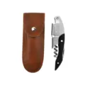Roestvrijstalen wijnkurkentrekker met bruine lederen opbergetui voor echte kenners - Seahorse Knife With Leather Case / Black Colored Wood Handle