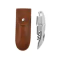 Roestvrijstalen kelnersmes wijnopener met een luxe bruine lederen opbergetui voor wijn - Seahorse Knife With Leather Case / Zilver volledig metaal