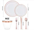 Detail view showing dimensions of rose gold-rimmed disposable tableware set components. - Rose Gold-Edged Plates with 9oz Cups, 25 Each of Knives, Forks & Spoons / 1 Set