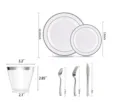 Dimension details for silver rim disposable plastic plate and cutlery dinnerware set - Silver-Edged Plates with 9oz Cups, 25 Each of Knives, Forks & Spoons / 1 Set
