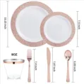Detaillierte Abmessungen von Einweg Geschirrset mit Tellern und Tassen in Roségold - 玫瑰金色镂空大小盘+9OZ杯+刀叉勺各25个 / 1 Set