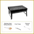 Portable large folding outdoor charcoal BBQ grill set with 10 skewers and 2 tongs, black - Medium Size Set 1 (Basic 3-Piece Tool Set)