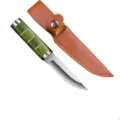 Cuchillo de picnic para exteriores afilado con mango de madera verde y funda de cuero marrón - Cuchillo para carne con mango de madera teñida de verde y funda de cuero