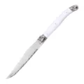 Stainless steel steak knife with a white handle and laser pattern blade for dining. - Plastic Handle Steak Knife / White