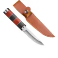 Cuchillo de supervivencia con mango de madera roja y negra y funda de cuero marrón incluida - Cuchillo de madera estilo bambú con mango rojo y funda de cuero