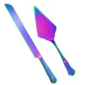 Close-up of rainbow titanium plated stainless steel cake server with floral pattern - 不带盒款 / Colorful