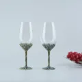 Vintage geëmailleerd rode wijn glas kristal kelk set, blauwe strass metalen steel. - 201-300ml / Set van 2