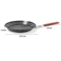 Outdoor folding round BBQ grill pan with wooden handle, portable picnic mesh frying basket - 12 Inch / Black