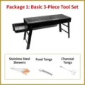 Portable folding charcoal grill set with skewers, food tongs, and charcoal tongs - Large Size Set 1 (Basic 3-Piece Tool Set)