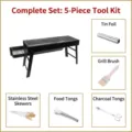 Comprehensive portable charcoal BBQ grill set with 5 tools including tongs and skewers. - Large Size Set 2 (Full 5-Piece Tool Set)