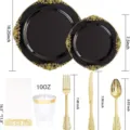 Set da tavola monouso da 175 pezzi nero e oro con dettagli sulle dimensioni. - 175 Pezzi/Confezione / Nero (Set 175 Pezzi)