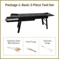 Large portable folding black charcoal BBQ grill set with 3 essential grilling tools - Double Side Shelf Set 1 (3-Piece Tool Set)