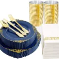 Set stoviglie monouso 175 pezzi con piatti blu navy bordo oro e posate dorate - 175 Pezzi/Confezione / Blu (Set 175 Pezzi)