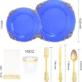 Set di stoviglie usa e getta blu e oro con piatti goffrati e dimensioni incluse - 175 Pezzi/Confezione / Blu Trasparente (Set 175 Pezzi)