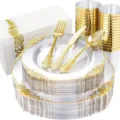 Service de table jetable 175 pièces avec assiettes à bord doré et couverts - Transparent Bord Doré (Ensemble 175pcs)