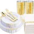 Lot de 175 pièces vaisselle jetable élégante blanc et or en plastique avec assiettes - Blanc (Ensemble 175pcs)