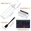 Grillwerkzeug-Set mit Spießen, Ständer, Ölpinsel und Räucherführung mit genauen Maßen. - 5-teiliges Set / 2 Forks + 6-Pos Rack + Pouch + Brush + Guide