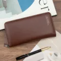Stylish brown long men's clutch wallet with brushed leather texture and secure zipper closure - Brushed Leather Style (2025-1) / Light Coffee