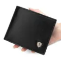 Premium black textured PU leather men's short folding wallet featuring a silver shield logo - Short Tri-fold Wallet (D359-3) / Black