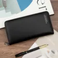 Sleek black men's long wallet featuring a brushed leather texture and secure zipper closure - Brushed Leather Style (2025-1) / Black