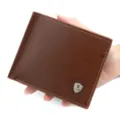 Premium textured brown PU leather short wallet for men with metal logo held in hand - Short Tri-fold Wallet (D359-3) / Light Brown
