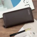 Professional dark brown men's long zipper wallet with premium brushed leather texture - Brushed Leather Style (2025-1) / Dark Coffee