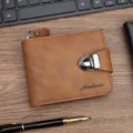 Portefeuille court marron pour hommes avec boucle de verrouillage en métal et logo Menbense - Café Clair (D575-1)