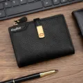 Elegant black lychee pattern leather short wallet with stylish gold buckle and zipper - Black