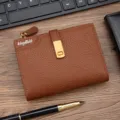 Elegant brown lychee pattern leather short wallet for women featuring a gold buckle - Brown