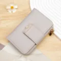 Grey litchi pattern short wallet for women with golden zipper and flower buckle - R824-3 / Gray