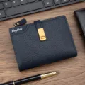Premium navy blue short wallet for women featuring litchi grain and a gold buckle - Blue