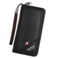 Detailed view of a black men's long leather wallet featuring a zipper and wrist strap - 888-8 Style / Black
