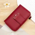 Elegant wine red women's short wallet with lychee grain texture and gold flower snap buckle - R824-3 / Red