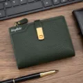Dark green pebbled leather short wallet for women with gold snap buckle closure. - Green