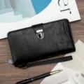 Elegant black men's long clutch bag with metal buckle and practical wrist strap - Black