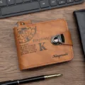 Brown vintage leather men's bifold wallet with secure buckle and printed clock design - Light Coffee