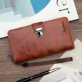 Vintage brown men's long wallet with metal lock buckle and wrist strap - Light Brown