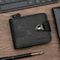 Classic men's black short leather wallet featuring secure buckle closure and embossed details - Black